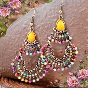 Bohemian Malachite/Faux Citrine Multi-Color Drop Earrings‎